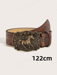 1pc Unisex Vintage Western Cowboy Animal Buckle Embossed PU Leather Belt Fashion Ver - Brown - View 4