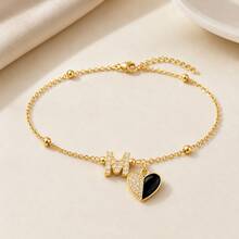 1pc New Classic Initial Heart Pendant Golden Stainless Steel Bead Chain Bracelets For Women - Yellow Gold - View 3