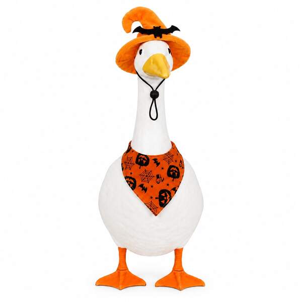 Halloween Porch Goose Set, Fits 23"/17" Concrete Or Plastic Goose Statue, Includes Halloween Witch Hat And Colorful Scarf, For Halloween Yard Lawn Outdoor Garden Patio Statue Decoration (Goose Statue Not Included)