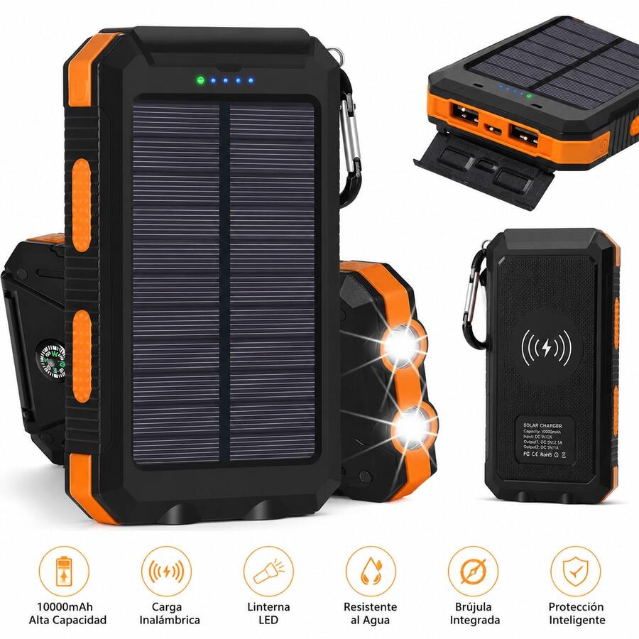 Cargador Solar Portátil de 20000mAh Power Bank Rudo y Antishock con Panel Solar Doble Entrada USB Linterna LED Dual SOS y Brújula de Viaje para Camping y Senderismo Compatible con iPhone 15 14 13 Pro Max Galaxy S24 S23 Ultra Redmi - 1 unidad - Ver 1