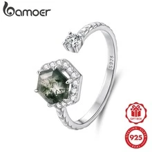 bamoer 1pc Hexagon Moss Agate Open Ring 925 Sterling Silver Twisted Band Halo Zirconia Adjustable Finger Ring Vintage Daily Party Jewelry Gift For Women - Silver - View 12
