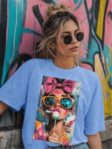 All-Day Wear Fitted Short Sleeve T-Shirt, Vintage Distressed Acid Wash Top Casual Summer - Dusty Blue - View 1