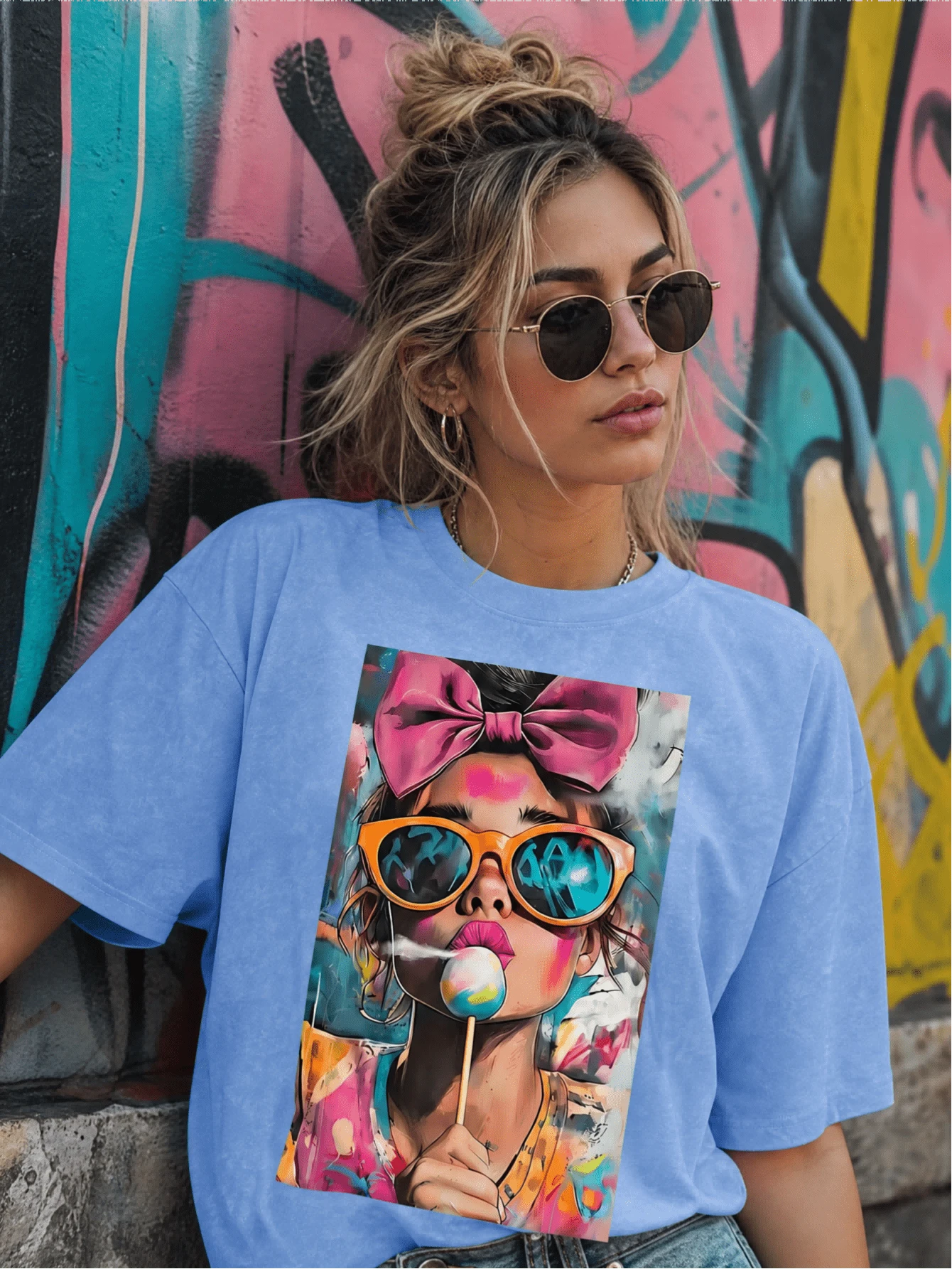 All-Day Wear Fitted Short Sleeve T-Shirt, Vintage Distressed Acid Wash Top Casual Summer - Dusty Blue - View 1