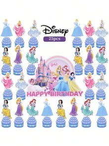 New Princess-Themed Cake Topper Set, Paper Material, Pink, Blue, And Purple Colors, Cartoon Princess Castle Design, Birthday Party Dessert Table Decoration - Multicolor - View 1