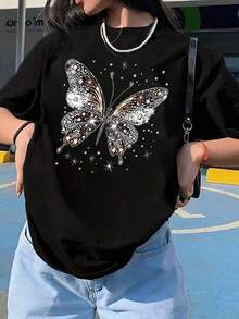 Women's Basic Short-Sleeve T-Shirt Autumn/Winter 2025 - Round Neck, Loose Fit, Stylish  Butterfly Print, Soft Fabric With Excellent Drape. Super Versatile! - Black - View 1