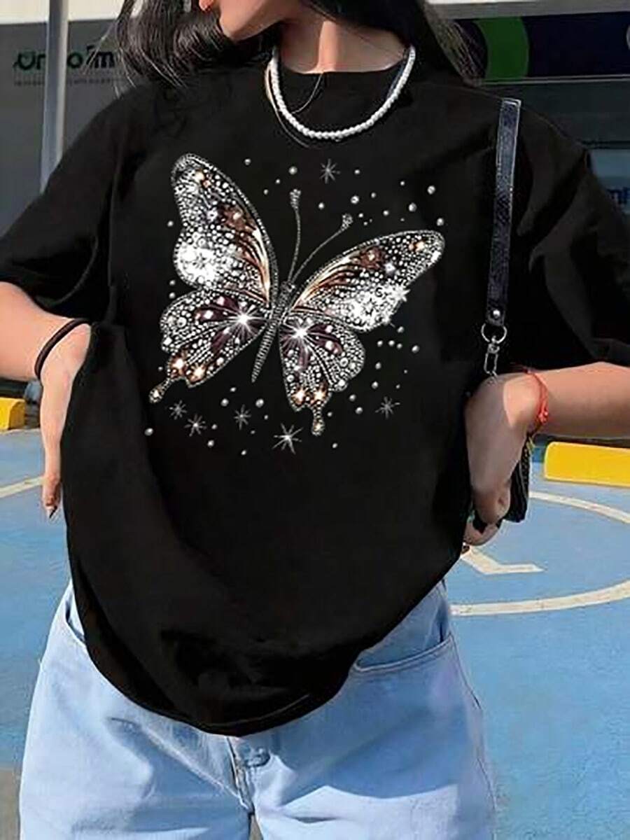 Women's Basic Short-Sleeve T-Shirt Autumn/Winter 2025 - Round Neck, Loose Fit, Stylish Butterfly Print, Soft Fabric With Excellent Drape. Super Versatile! - Black - View 1