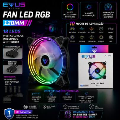 Cooler Fan 120mm ARGB 3 Pinos + PWM Para Gabinete PC Gamer Sincronização ARGB Sync Iluminação Endereçável Evus Singularity