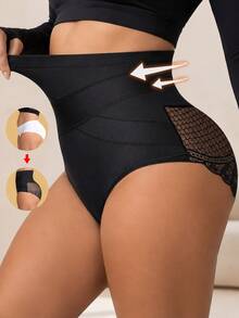 Rosiemei 1pc Plus Size High Waist Seamless Lace  Pants, Butt Lifting Shaping Panties, Large Triangle Underwear, Body Shaping - Black - View 5