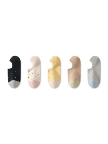 ZUJO 5雙女款短襪，波點圖案，適合春、秋、夏日常穿著，簡約舒適，隨機配色 - 彩色 - 查看 5