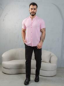 Men's Short-Sleeve Shirt With Mandarin Collar, Lightweight For Work And Leisure - Pink - View 4