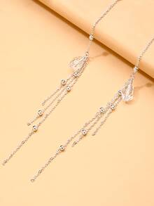 outingfit 1pc Women's Silver Crystal Face Chain, Water Drop Rhinestone Nose Chain With Long Side Ear Dangle Chain, Elegant Party Holiday Facial Accessory - Silver - View 4