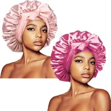 ZTZI 2Pcs Bow Decor Satin Hair Bonnet, Soft Elastic Sleep Cap, Large Size Night Hair Wrap For Curly Natural Long Hair Women - UM2pcs Bow-tie Round Hat - View 11