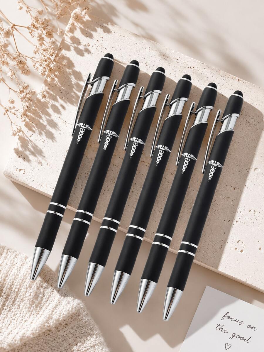 Elegant Black Ballpoint Pen Set 1/5/10pcs, Silver Decoration, Smooth Writing, Office Supplies, Suitable For Professionals, Students, Journaling, Fashionable Desk Accessory, Nurse, Doctor, Graduation, Birthday, Christmas Gift, Popular Stationery - Multicolor - View 1