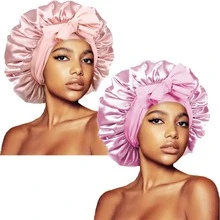 ZTZI 2Pcs Bow Decor Satin Hair Bonnet, Soft Elastic Sleep Cap, Large Size Night Hair Wrap For Curly Natural Long Hair Women - UM2pcs Bow-tie Round Hat - View 31