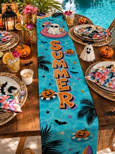 1pc-Summerween Gothic Linen Table Runner, Tropical Pool Ghost Pumpkin Table Decor, Summer Halloween Beach Party Runner For Dining Table, Spooky Cute Coastal Kitchen Linen Decoration For Indoor Outdoor Holiday Home Decor