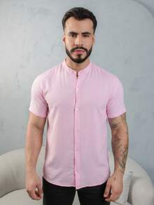 Men's Short-Sleeve Shirt With Mandarin Collar, Lightweight For Work And Leisure - Pink - View 5