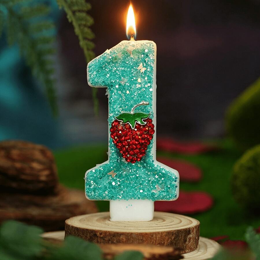 1pc Ritual Number Birthday Candle, Strawberry Decorated Cake Candle, 0-9 Mint Blue Glitter Number Candle, Suitable For Birthday Cake And Big Holiday Party, Unisex - Mint Blue - View 1