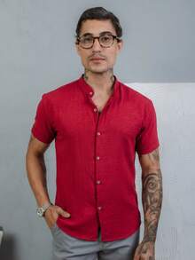 Men's Short-Sleeve Shirt With Mandarin Collar, Lightweight For Work And Leisure - Bordeaux - View 1