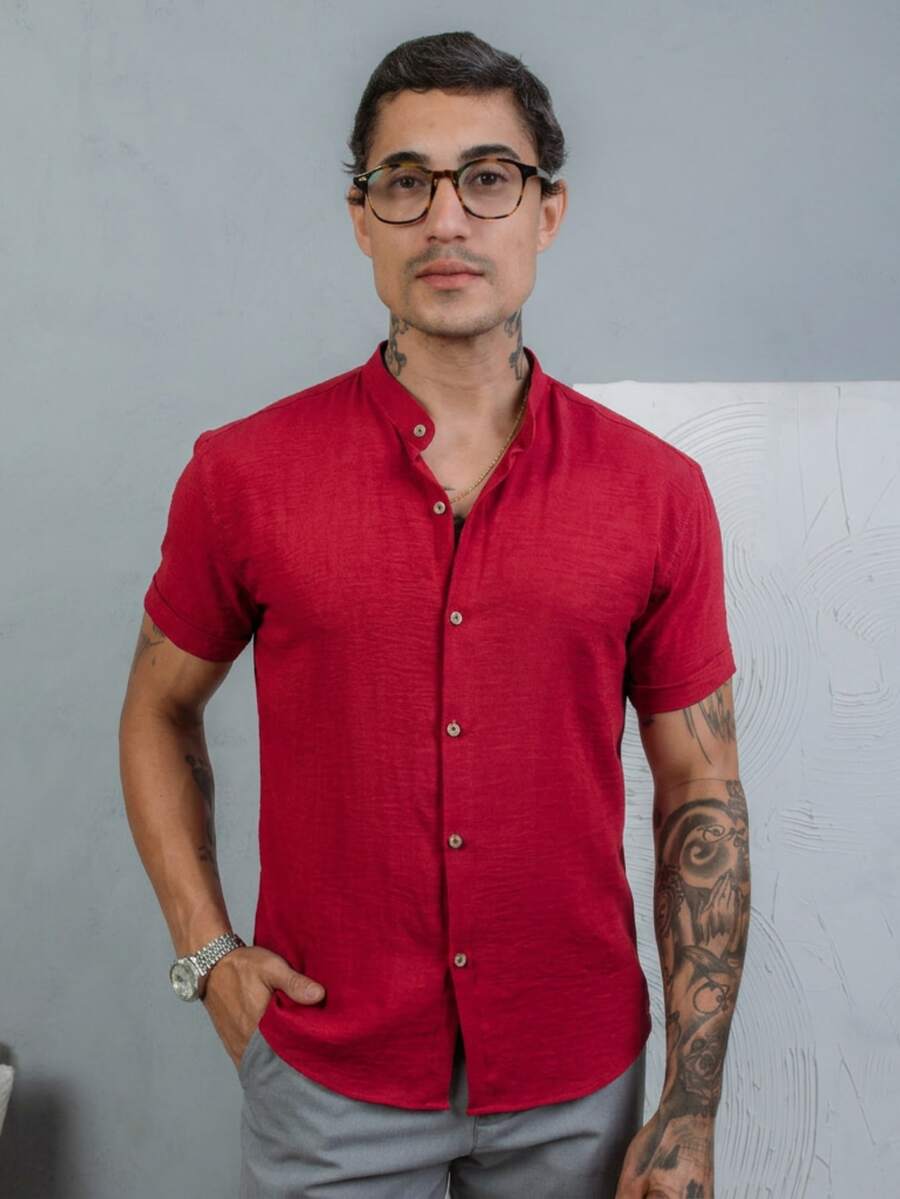 Men's Short-Sleeve Shirt With Mandarin Collar, Lightweight For Work And Leisure - Bordeaux - View 1