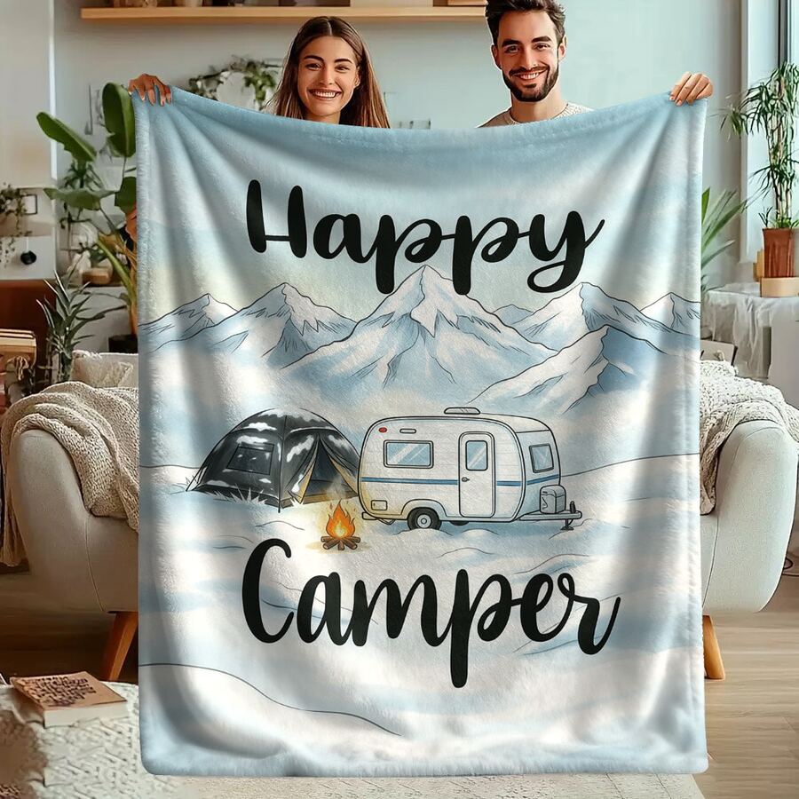 [Soft & Warm Digital Flannel Blanket] Happy Camper Digital Print Flannel Throw Blanket, Soft & Warm Multi-Purpose All-Season Sofa Bed Office Travel Camping Style Small Blanket, Modern Knitted Polyester 1pc - Multicolor - View 1
