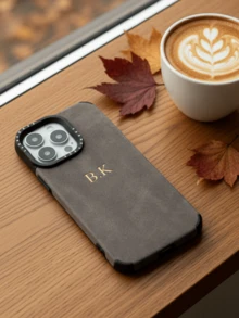 Personalized Custom Name Initial Phone Case, Compatible With 17/16/15/14/13/12/11 Pro Max/17 Air, Luxury Suede PU Leather Soft Back Cover, 3D DIY Engraving, Birthday/Holiday Gift - Dark Grey - View 3