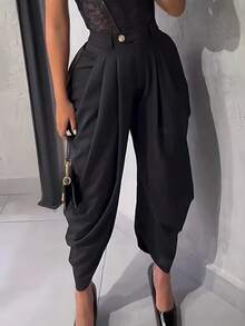Black High Waist Pleated Harem Pants, Irregular Ruched Ankle Length Loose Trousers Women Hip Covering Casual Streetwear - Black - View 3