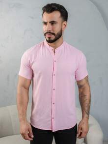 Men's Short-Sleeve Shirt With Mandarin Collar, Lightweight For Work And Leisure - Pink - View 1