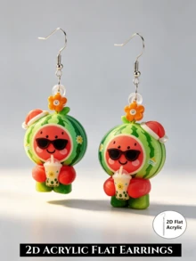 2D Flat Cute Watermelon Doll Dangle Earrings, Fun Summer Fruit Fashion Glasses Milk Tea Style Acrylic Earrings, Novel Party Jewelry Gift Suitable For Beach Vacation, Party And Daily Wear, Christmas / Thanksgiving, And Other Holiday Occasions To Wear Or Give As Gifts - Watermelon Doll - View 6