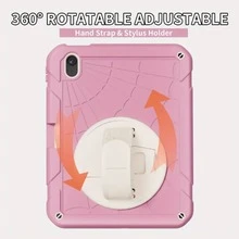 1 Pc, Compatible With IPad 10/11 (A16) Case, 12 Shock-Resistant Tablet Case, 360-Degree Rotating Stand Case With Carrying Strap, Shock-Absorbing Three-Layer Full-Coverage Protection, Silicone + PC Shell - Pink + - View 6