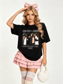 Women's Summer Loose Casual-Shirt, Soft Cotton Round Neck Short Sleeve Tops, Vintage European American Street Style. - Black - View 1