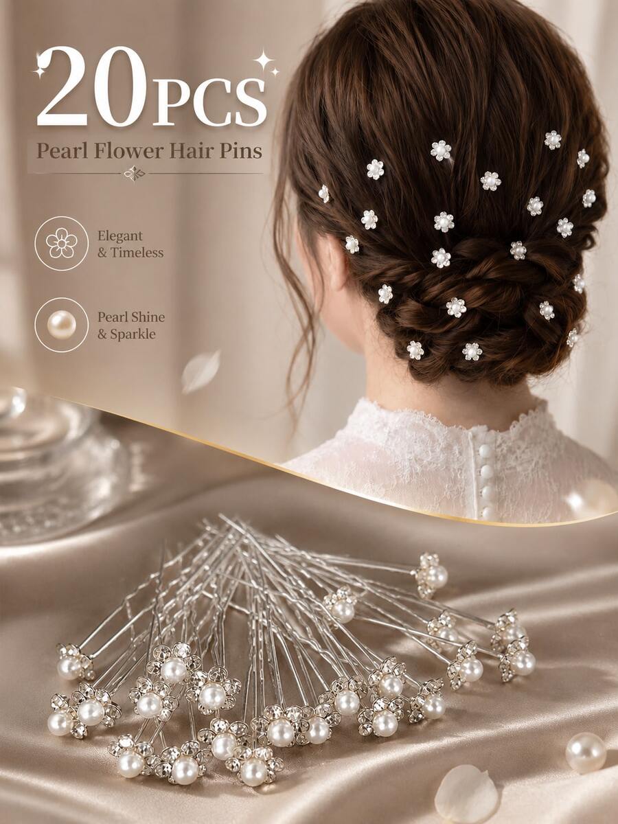 topshiny 20pcs Women's Rhinestone Pearl Flower U-Shaped Hair Pins, Simple Elegant Hair Sticks For Bun Updo, Suitable For Wedding Bride, Ball, Party,Bun Hair Piece - Multicolor - View 1