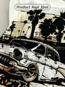 Camiseta de manga corta de cuello redondo suave y casual para hombre en verano, con estampado gráfico de coche vintage de California, adecuada para uso diario. - Blanco - Ver 2