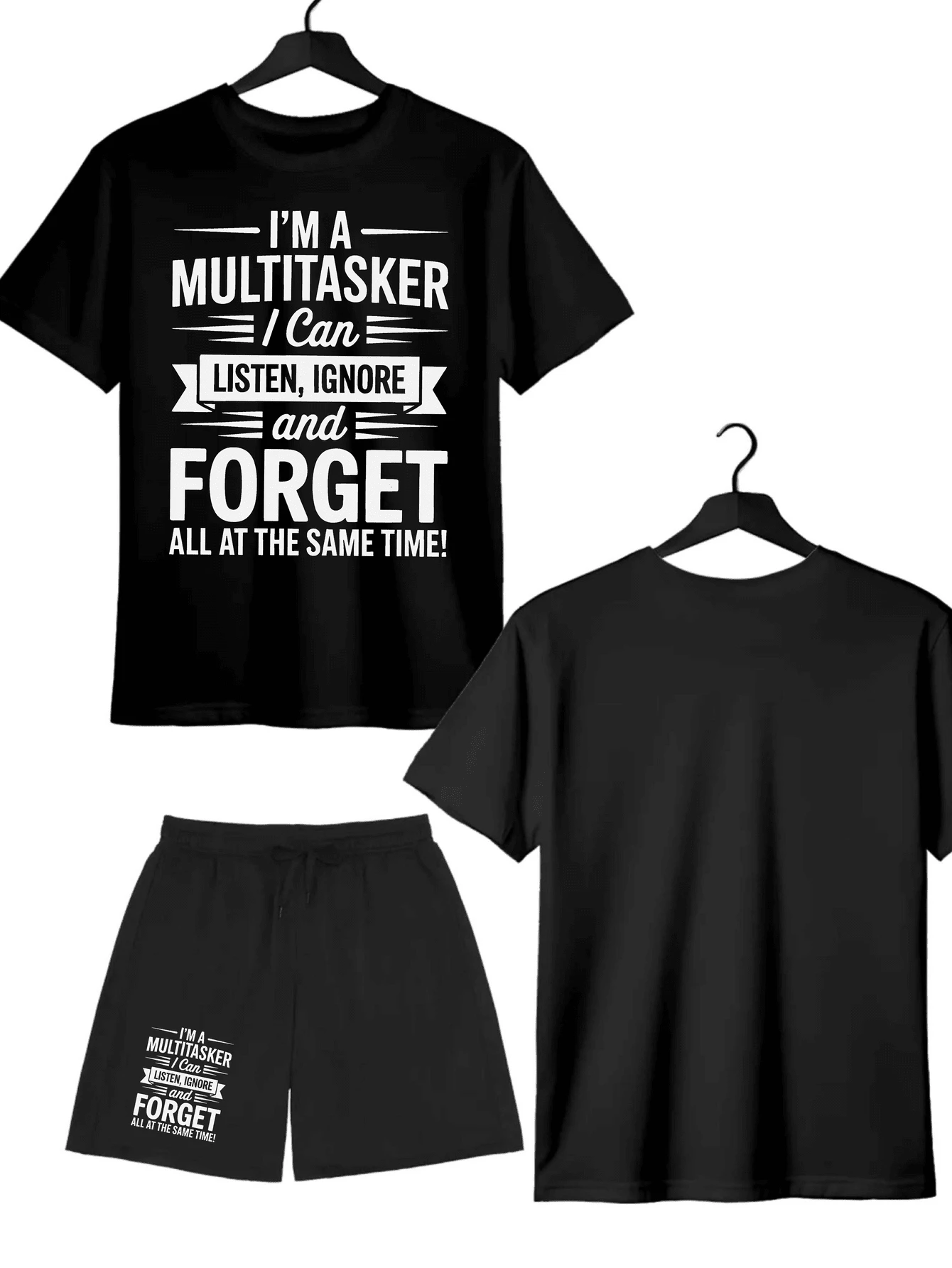 [Conjunto de camisetas] Camiseta divertida de Mulasker, cuello redondo de algodón negro, humor original. Camiseta de algodón oversize de 220 g con estampado informal de moda. - Negro - Ver 1