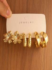 6/18PCS Women's Gold Flower, Water Drop, C-Shape, Asymmetrical Shape Stud Earrings Set, Personalized Fashion Vintage Niche Style, Suitable For Gifts, Music Festivals, Parties, Vacation, Travel, Daily Commute - Multicolor - View 6