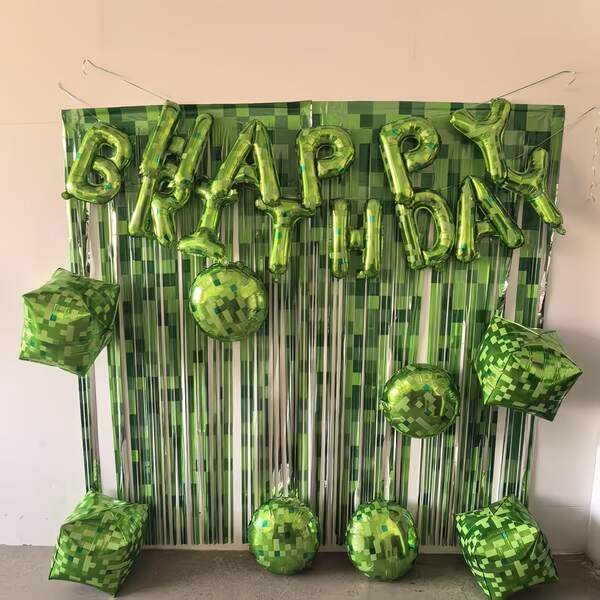 23pcs Green Mosaic Birthday Banner Background Party Decoration Aluminum Foil Balloon Set Round 4D Shaped Balloons