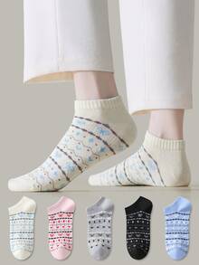 ZUJO 5 pares de calcetines cortos de mujer con patrón de rayas, lazos y corazones, suaves, transpirables y amigables con la piel, adecuados para uso diario en primavera, otoño y verano - Multicolor - Ver 4