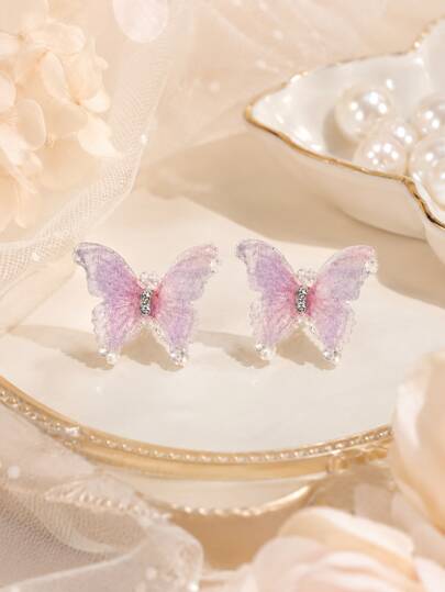 1 Pair Pink Butterfly Stud Earrings, Faux Pearl Rhinestone Decor, Cute Fairycore Jewelry For Women Girls, Daily Wear Party Date Gift