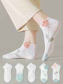 ZUJO 5 Pairs Women's Short Socks, Floral Pattern, Suitable For Spring Autumn Summer Daily Wear, Simple And Comfortable, Random Colors - Multicolor - View 2