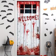 1pc Blood Handprint "WELCOME!" Pattern Polyester Door Curtain, Horror Style Hanging Door Decor, Suitable For Halloween, Haunted House Decoration, Party Scenes And Autumn Holiday Decor - View 1