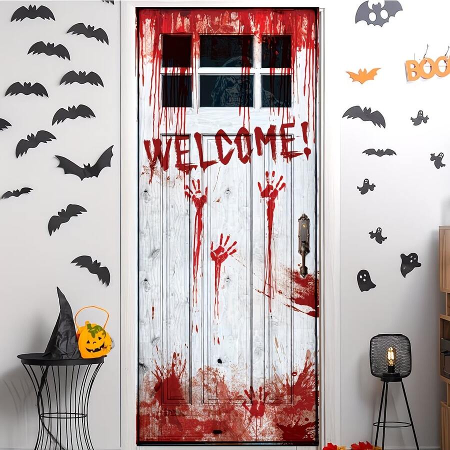 1pc Blood Handprint "WELCOME!" Pattern Polyester Door Curtain, Horror Style Hanging Door Decor, Suitable For Halloween, Haunted House Decoration, Party Scenes And Autumn Holiday Decor - View 1