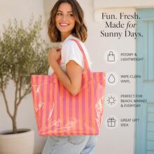 Striped Tote Bag Large Capacity Lightweight Shoulder Handbag With Zipper Closure, Casual Shopper Bag For Travel, Work, Commuting & Daily Use - 橙粉條紋 - 查看 2