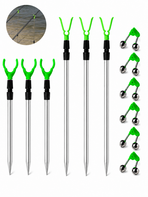 12pcs Fishing Rod Holder Set, 6pcs Fishing Rod Holders + 6pcs Alarm Bells, Adjustable Telescopic Ground Fishing Rod Holder Set, Fishing Accessories, Outdoor Fishing Essentials