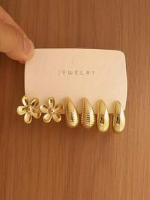 6/18PCS Women's Gold Flower, Water Drop, C-Shape, Asymmetrical Shape Stud Earrings Set, Personalized Fashion Vintage Niche Style, Suitable For Gifts, Music Festivals, Parties, Vacation, Travel, Daily Commute - Multicolor - View 8
