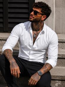 Camisa de vestir de algodón puro de unicolor para hombre - Blanco - Ver 3