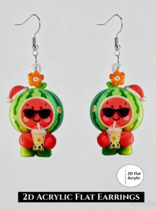 2D Flat Cute Watermelon Doll Dangle Earrings, Fun Summer Fruit Fashion Glasses Milk Tea Style Acrylic Earrings, Novel Party Jewelry Gift Suitable For Beach Vacation, Party And Daily Wear, Christmas / Thanksgiving, And Other Holiday Occasions To Wear Or Give As Gifts - Watermelon Doll - View 2