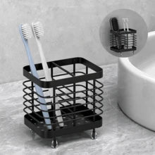 Soporte de pared de acero inoxidable para cepillos de dientes, no requiere perforación, en color negro, con orificio de drenaje, para un almacenamiento práctico de cepillos de dientes, cabezales y pasta de dientes, ideal para el baño y el hogar. - Negro - Ver 2
