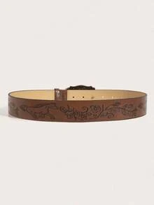 1pc Unisex Vintage Western Cowboy Animal Buckle Embossed PU Leather Belt Fashion Ver - Brown - View 3