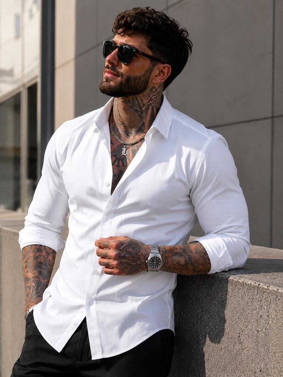 Camisa de vestir de algodón puro de unicolor para hombre - Blanco - Ver 1