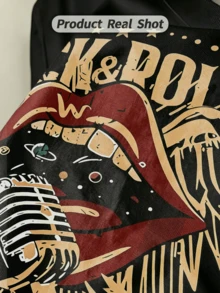 Men's Summer Casual Soft Round Neck Short Sleeve-Shirt,Rock Roll Microphone Print Graphic Is Suitable Daily Wear. - 黑色 - 查看 2