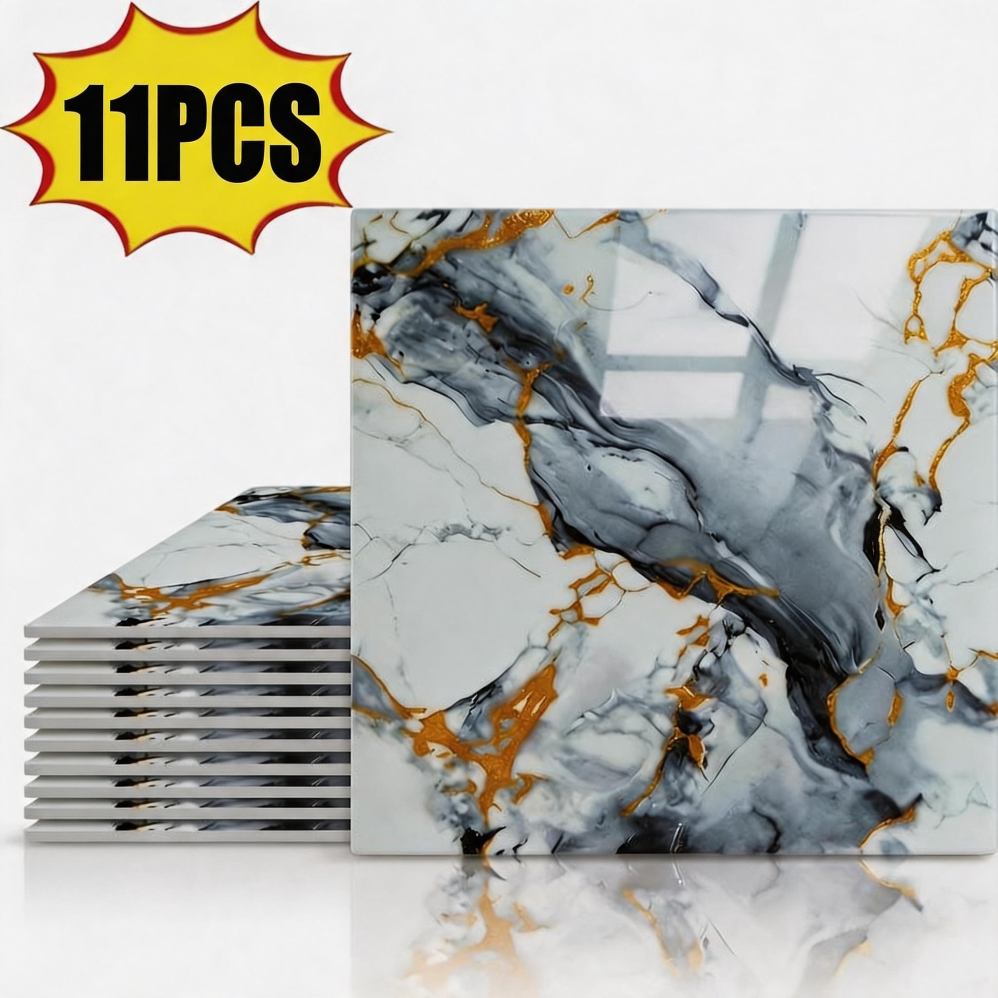 11pcs Marble Pattern PVC Waterproof Self-Adhesive Wall Panels, Bathroom Shower Tiles, Suitable For Bathroom, Kitchen And Living Room Decor, Peel And Stick Splash-Proof Wall Panels, Wall Renovation Stickers, Wallpaper